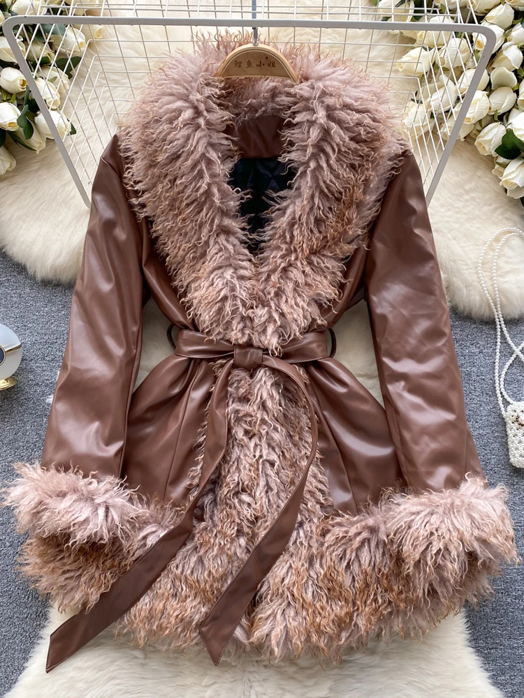 Women Warm Faux fur coat Warm Cotton padded jacket with belt Brown 2024 Winter Design outwear Vintage Parkas INKEO 3O350