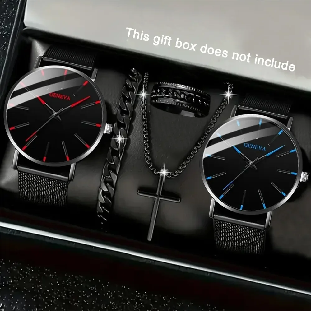 

5pcs/set Fashion Men's Quartz Watch Set Classic Pointer Design Alloy Mesh Strap Watch Necklace Bracelet Ring Ideal Gift for Men