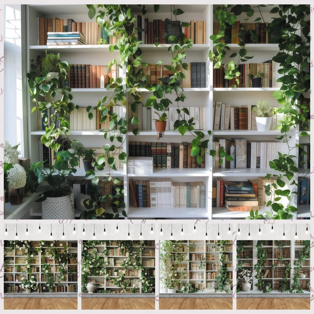 Back To School Photography Background White Bookshelf Florals Green Leaves Birthday Wedding Party Indoor Decor Photo Backdrop