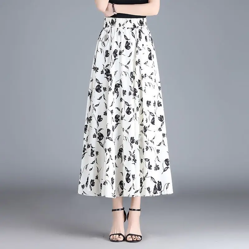 Womens High Waist Ink Floral Print Flowy Swing Maxi Skirt