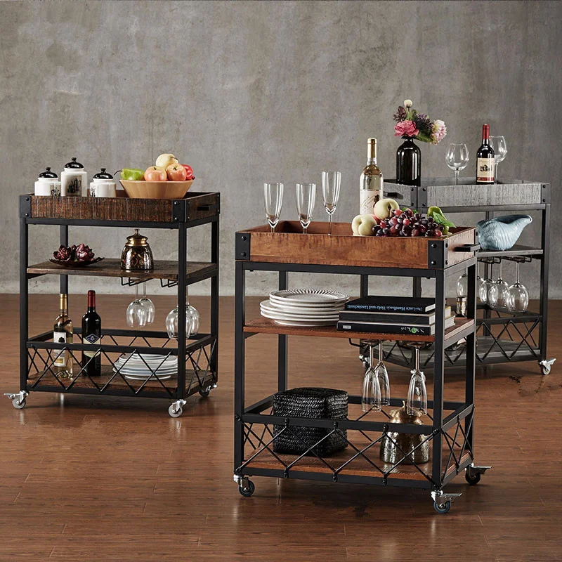 Bar Wine Rack Cart Kitchen food truck Serving Buffet sideboard with Wine Rack Glass multi function cart three tier Holder