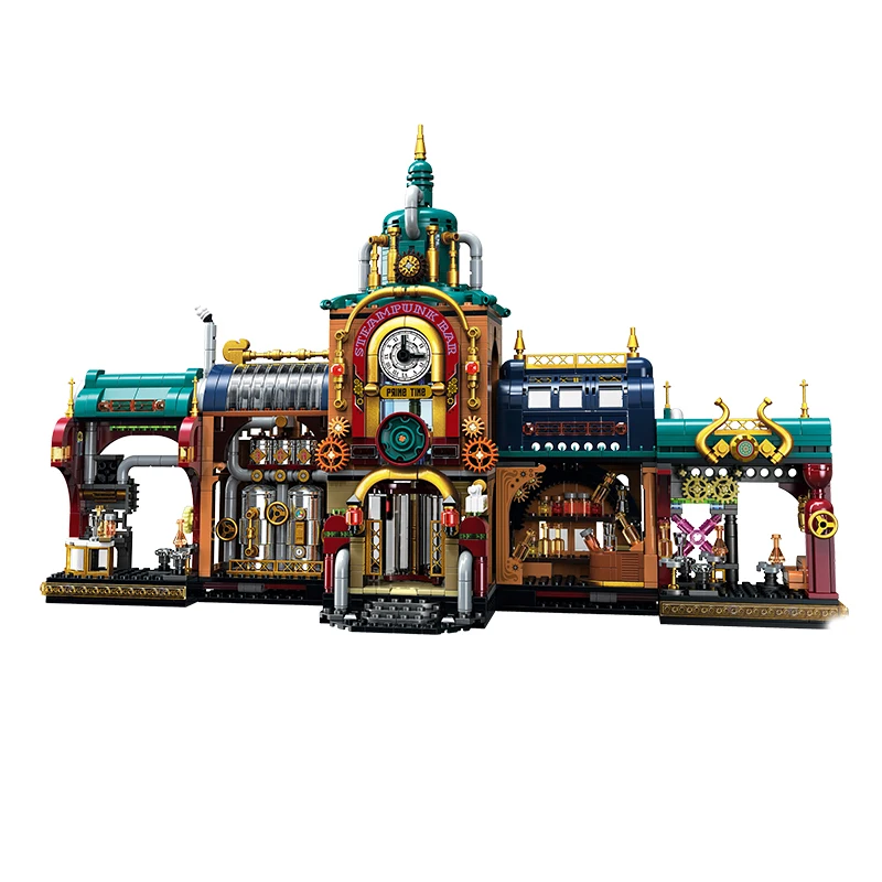 Steampunk Bar Model Building Blocks MOC 958013 Pub Train Station City Street View Architecture Bricks Ideas Toy Gift Kids Aldult