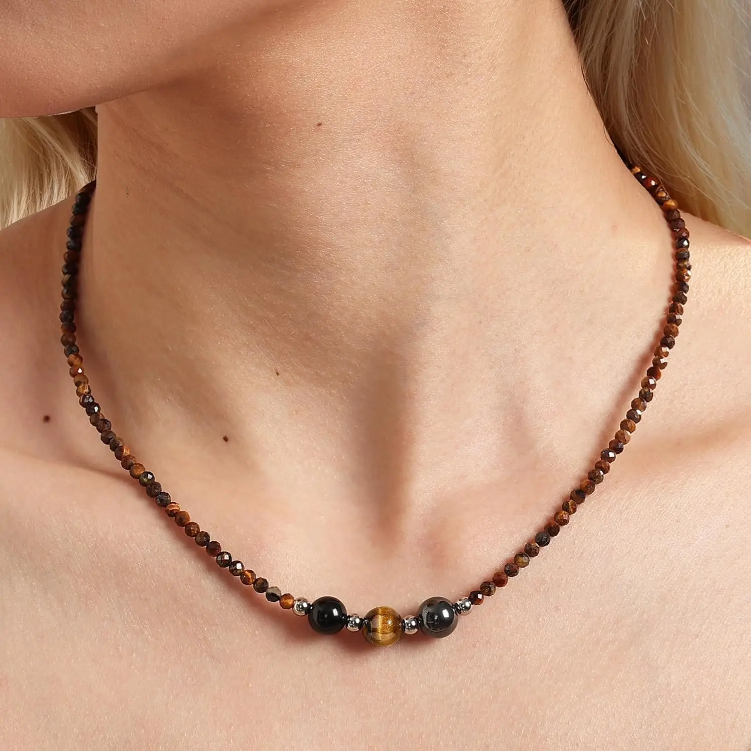 Healing Crystals Necklaces for Women, Triple Protection, Anxiety Relief Gemstone Beaded Choker, Christmas Stocking Stuffers Gift
