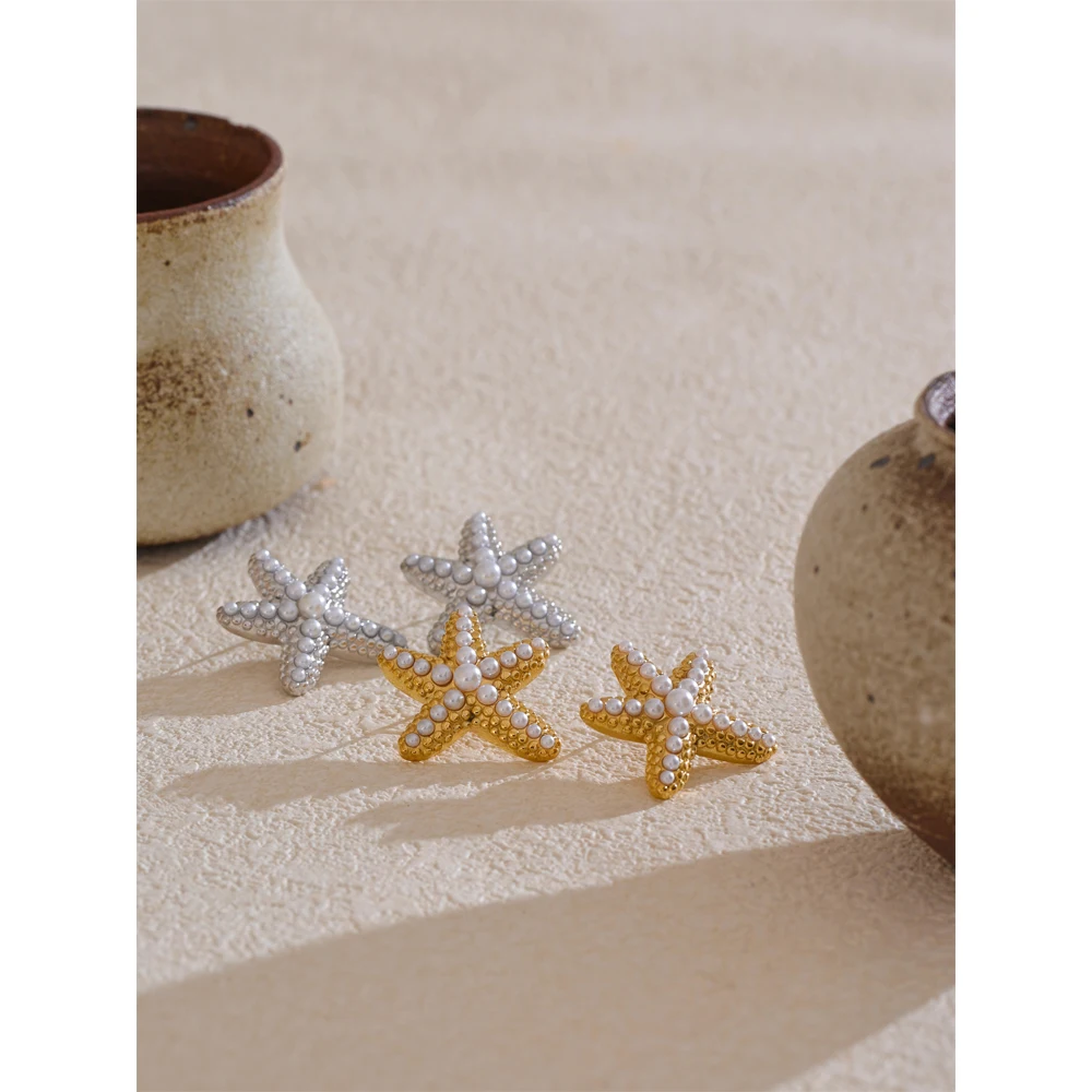 Yhpup Ocean Style Imitation Pearls Starfish Stud Earrings Stainless Steel Casting Exquisite Summer Holiday Beach Jewelry Gift
