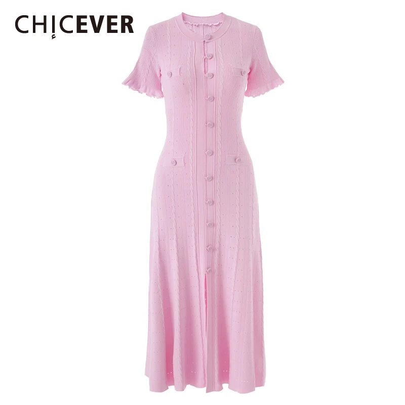 

CHICEVER Pink Spliced Single Breasted Dress Female O Neck Short Sleeve Loose Office Lady Women's Dresses Autumn Fashion Style