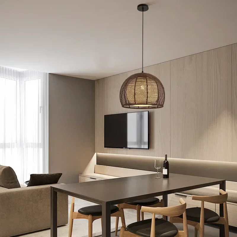 SANDYHA Retro Hemp Rope Chandeliers for Living Room Decoration Handmade Rattan LED Lamp Bedroom Dining Table Lighting Fixture