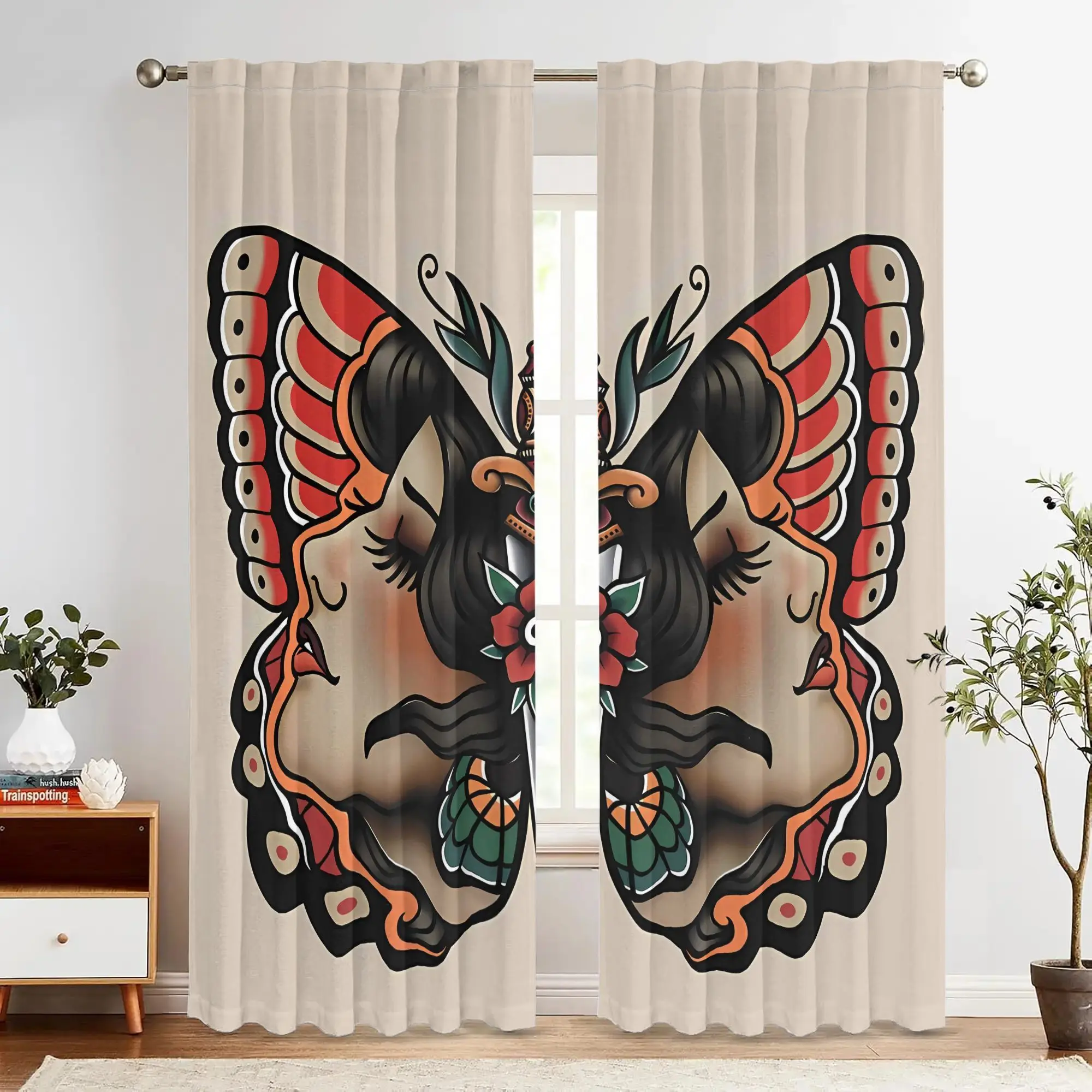 Tattoo Butterfly Woman Curtains Art Window Drapes Boho Design Home Decor Bohemian Theme Living Room