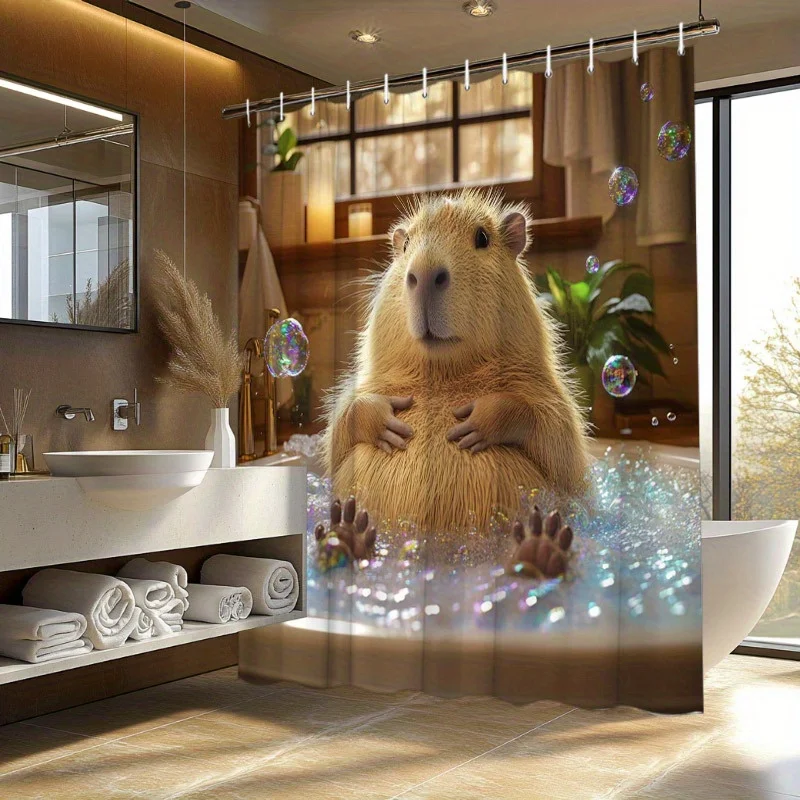 

1 шт., занавеска для душа для ванны Chubby Capybara — гиперреалистичная CGI, пузыри, нежное выражение, 70,8x70,8 дюйма, полиэстер, моющийся