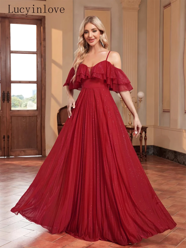 

Lucyinlove Luxury Chiffon Suspenders Formal Evening Dress Elegant Bridesmaid Party Prom For Women Floor-Length Cocktail Gown