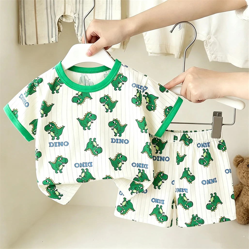 Full Print Pajamas 2Piece Set Summer Costume Cartoon TShirt+Shorts Toddler New Lovely Tops Children's Short-sleeved Outfits