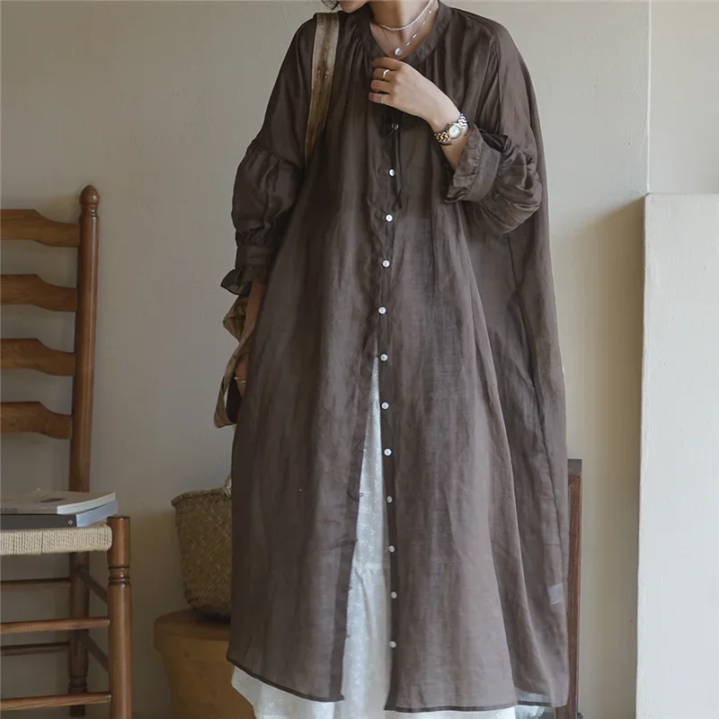 Herfst Nieuwe Franse Vintage Ramee Shirt Jurk Vrouwen Lantaarn Mouw Ontwerp Jurken Losse Dunne Dameskleding