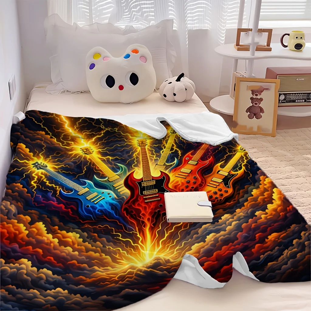 1pc Lightning Mountain Thunder Dark Abstract Landscape Print Flannel Blanket, Comfortable and Portable, Suitable for Blankets, K