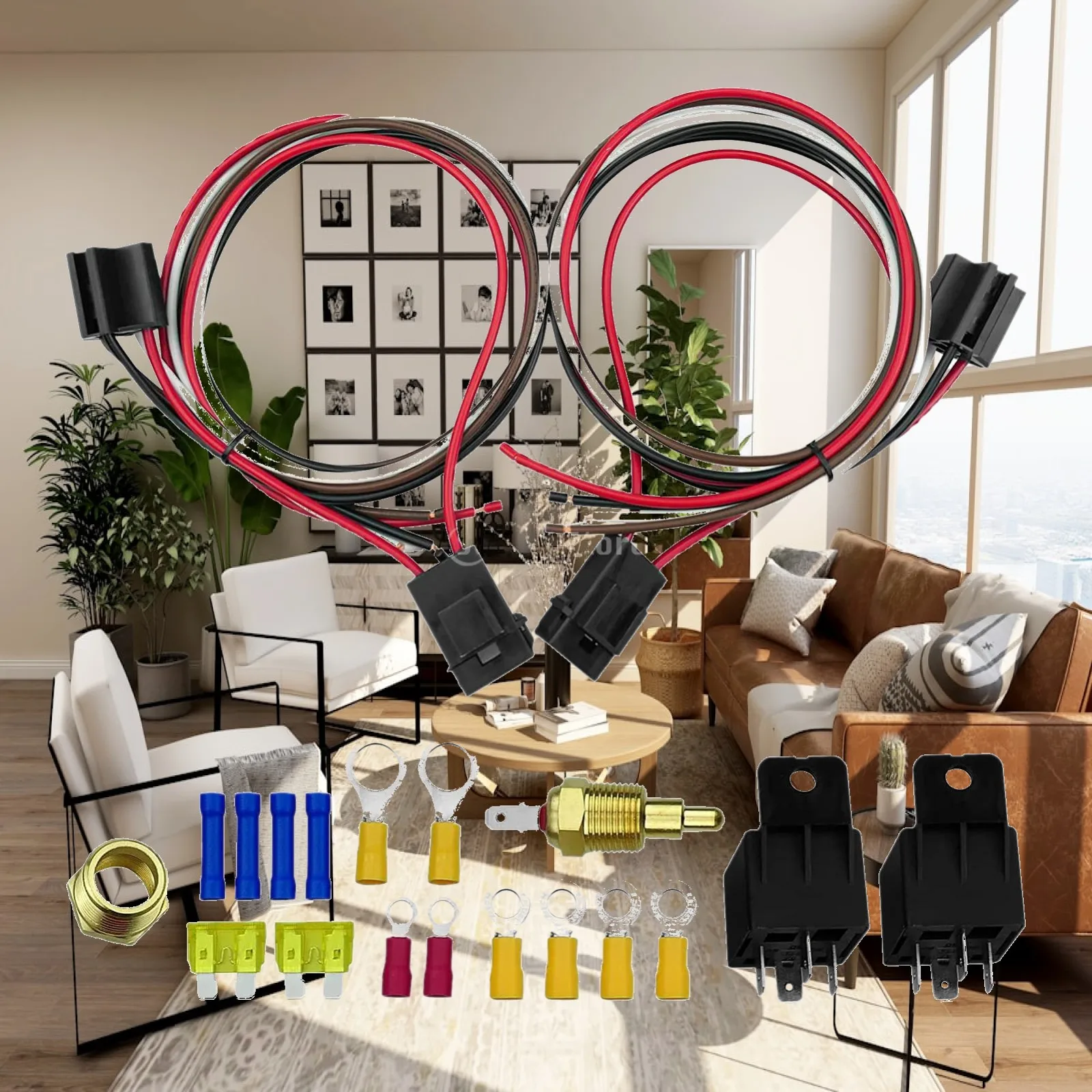 Engine Cooling Radiator Fan Relay Kit Electric Fan Wiring Harness with Sensor Thermostat for Car Installation