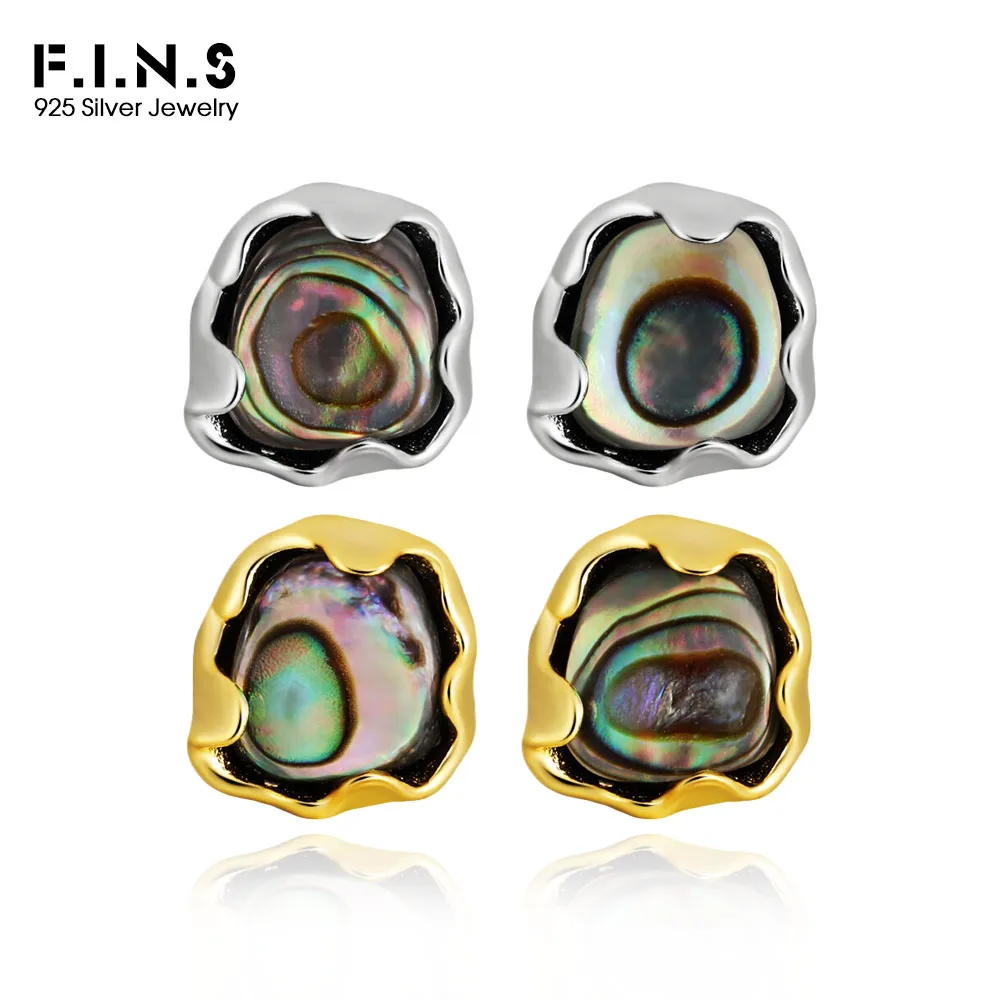 F.I.N.S Pendientes tipo botón de plata fina S925 con concha de abulón Natural Original, pendientes Piercing hipoalergénicos de forma Irregular