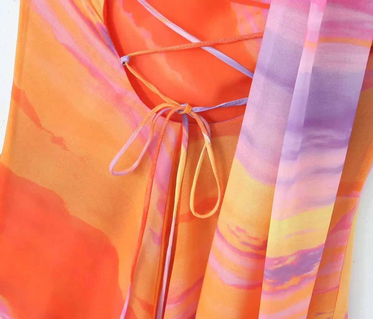 Sexy Halter Collar Orange Gradient Tie dye print Cross lacing up Bow Backless Sling Dress Women Irregular Mini Robe Vestido