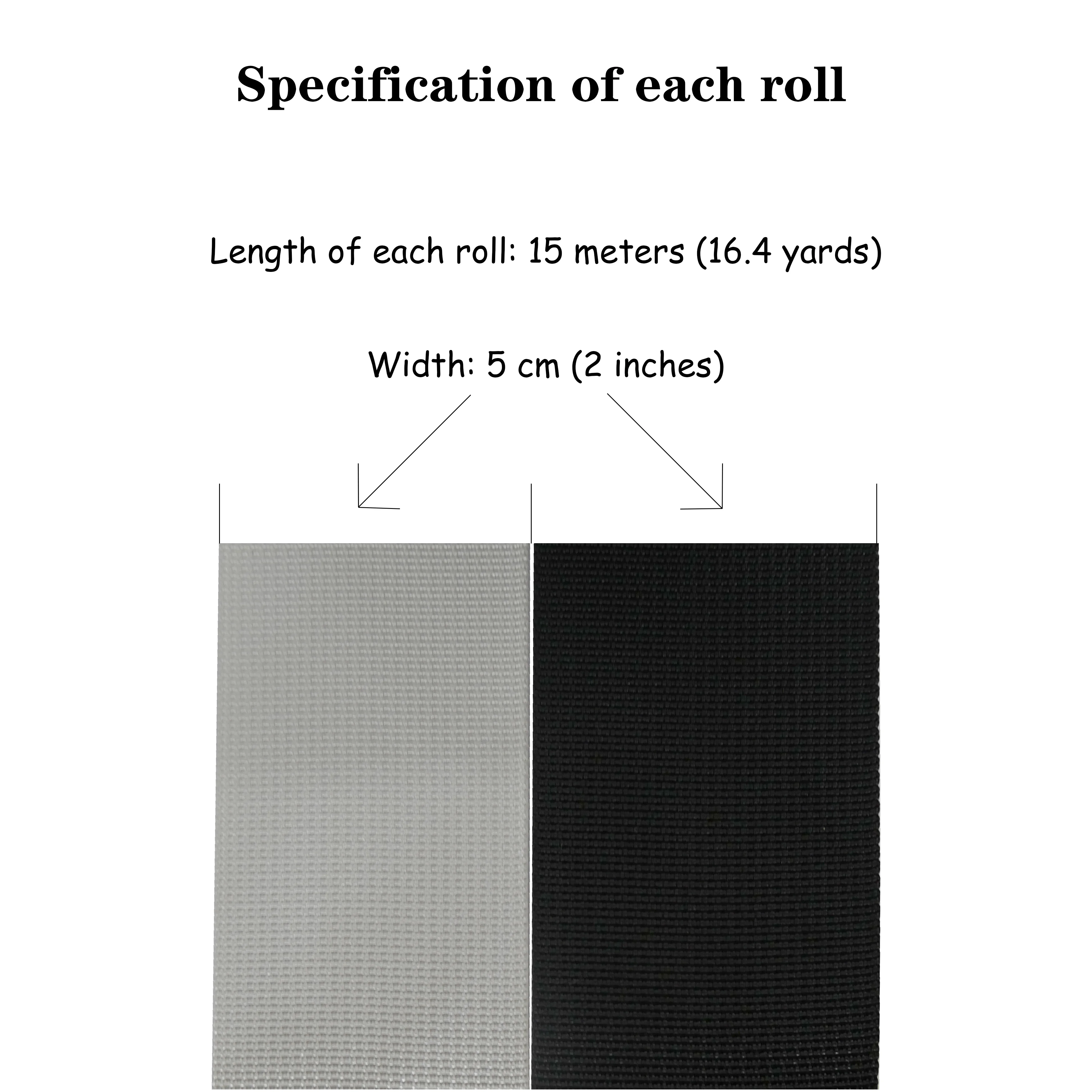15 m long and 5 cm wide polyester webbing rolled with durable black or white fabric tape, used for packaging and t