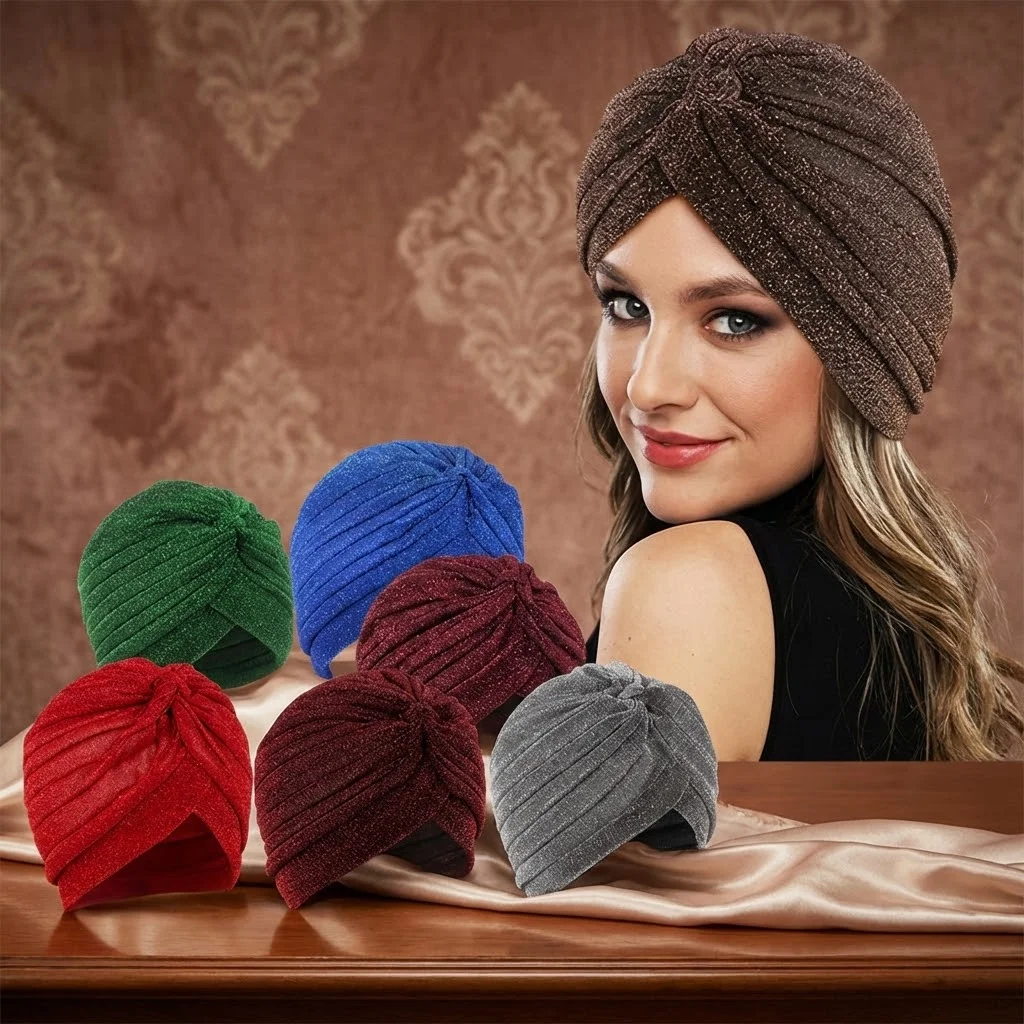 Portable Fashion Shiny Hijab Caps Wrap Style Soft Polyester Islamic Headband Breathable Elastic Twist Knot Turban Hat Hair Loss