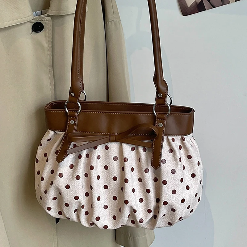 Koreanische Polka-Dot-Schleifenknoten-Patchwork-Hobo-Unterarmtasche, Damenhandtasche, vielseitige leichte Pendler-Tragetasche, lässig-schicke Tasche – Detail 8