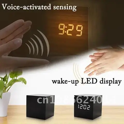 Wooden Small Square Digital LED Alarm Clock Retro Glow Clock Desktop Table Decor Voice Control Snooze Function Desk Tools