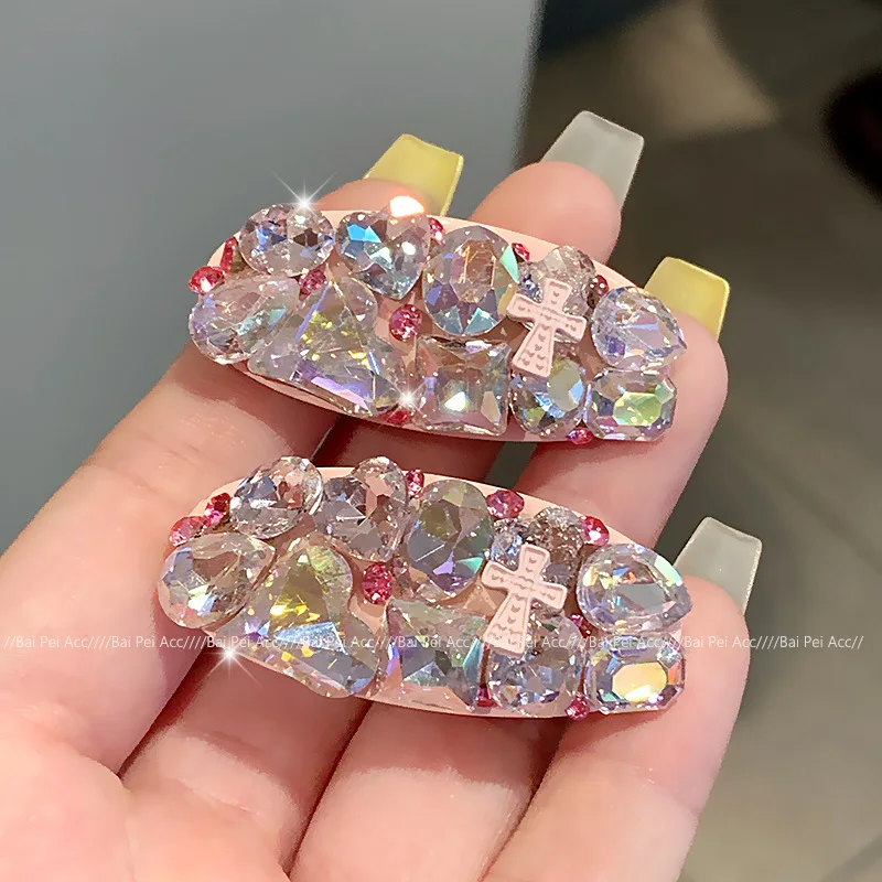 

Pink Crystal Bow Duckbill Side Hair Clips Rhinestone Heavy Crown Light Luxury Bangs Clip for Women Daily