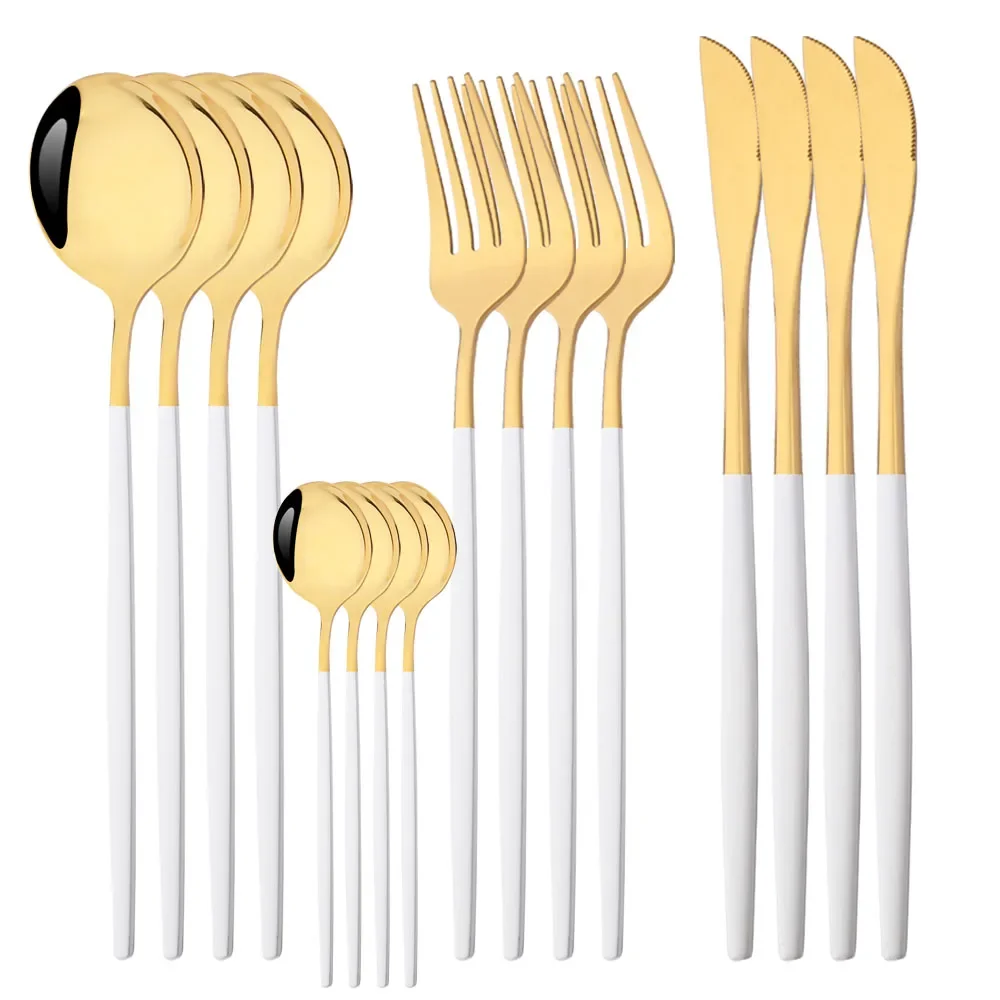 

16Pcs White Gold Cutlery Set Stainless Steel Dinnerware Set Dinner Fork Knife Spoon Silverware Complete Western Tableware Set