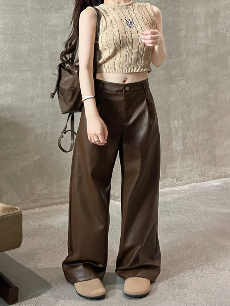 

Black Y2K Leather Pants Women High Waist Elegant Casual Baggy Pants Female Korean Fashion Straight Wide Leg Pants Winter 2023
