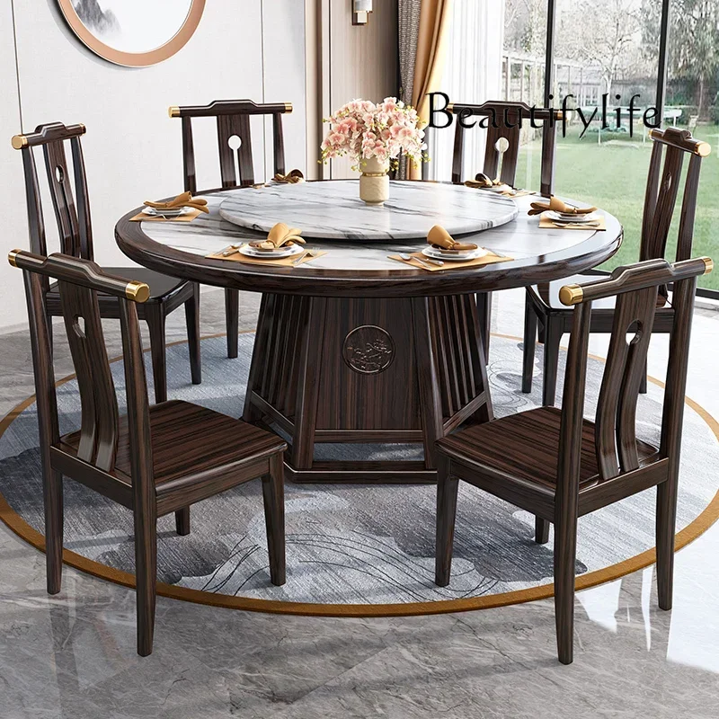 

Комбинация обеденного стола и стула из каменной плиты из черного дерева. Новый обеденный стол для большой и маленькой квартиры в китайском стиле с поворотным столом.