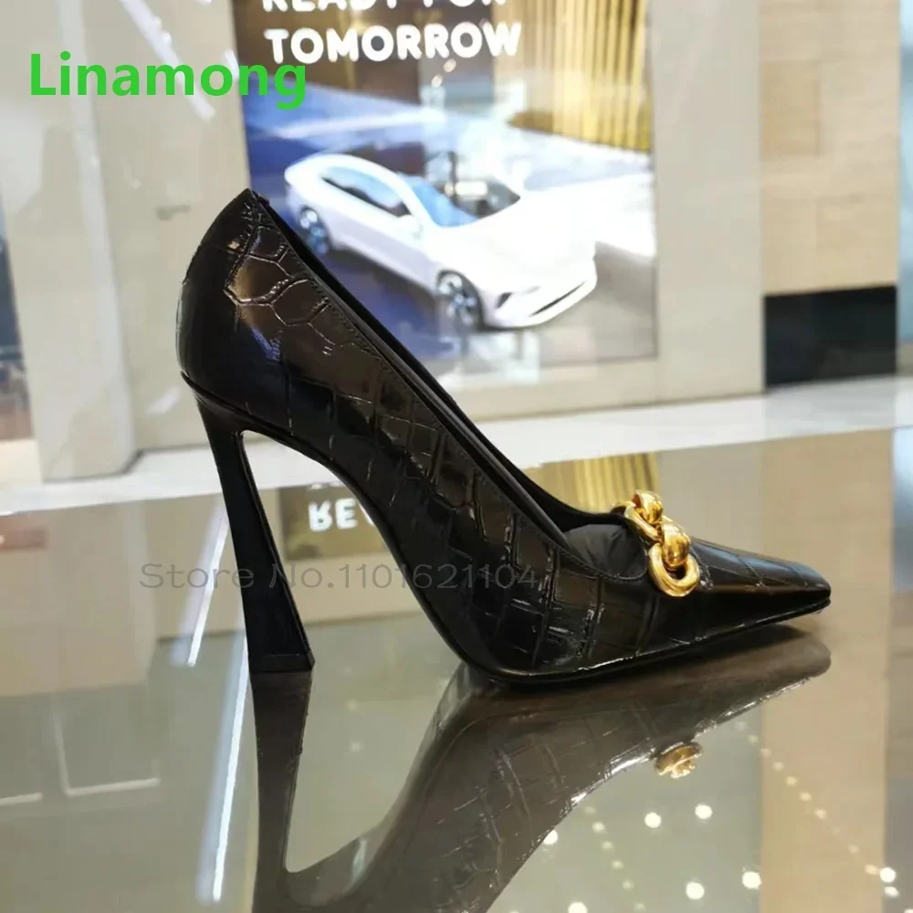 

Black Pointed Toe Alligator Pattern Pumps For Female Women 2025 Thin High Heel Metal Chain Luxury Design Slip-on Elegant Shoes