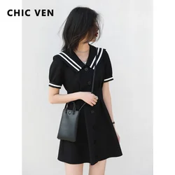 CHIC VEN Korean Women Dresses Black Short Sleeve Navy Collar Dress for Woman Office Lady Female Party College Summer 2025