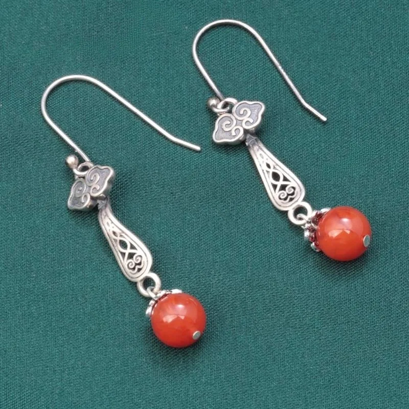 Chinese Style 925 Sterling Silver South Red Agate Round Bead Earrings Retro Ethnic Long Earrings Women Jewelry Wholesale EH230