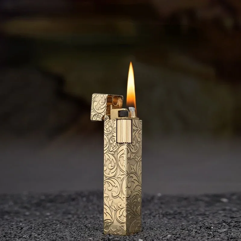 New Retro Handmade Pure Copper Kerosene Lighter Small Square Side Pulley Wheel Lighter Men\'s Gift Unusual Cigarette Lighter