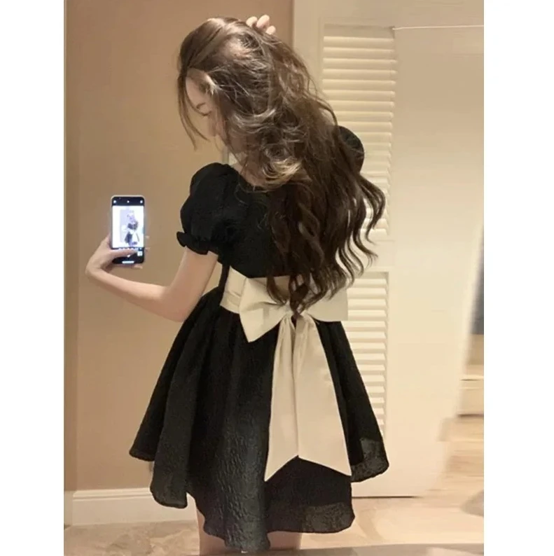 

Женская мини-юбка с квадратным воротником и узлом-бабочкой, пышная юбка с завязками на талии, черное платье, элегантный стиль с рюшами