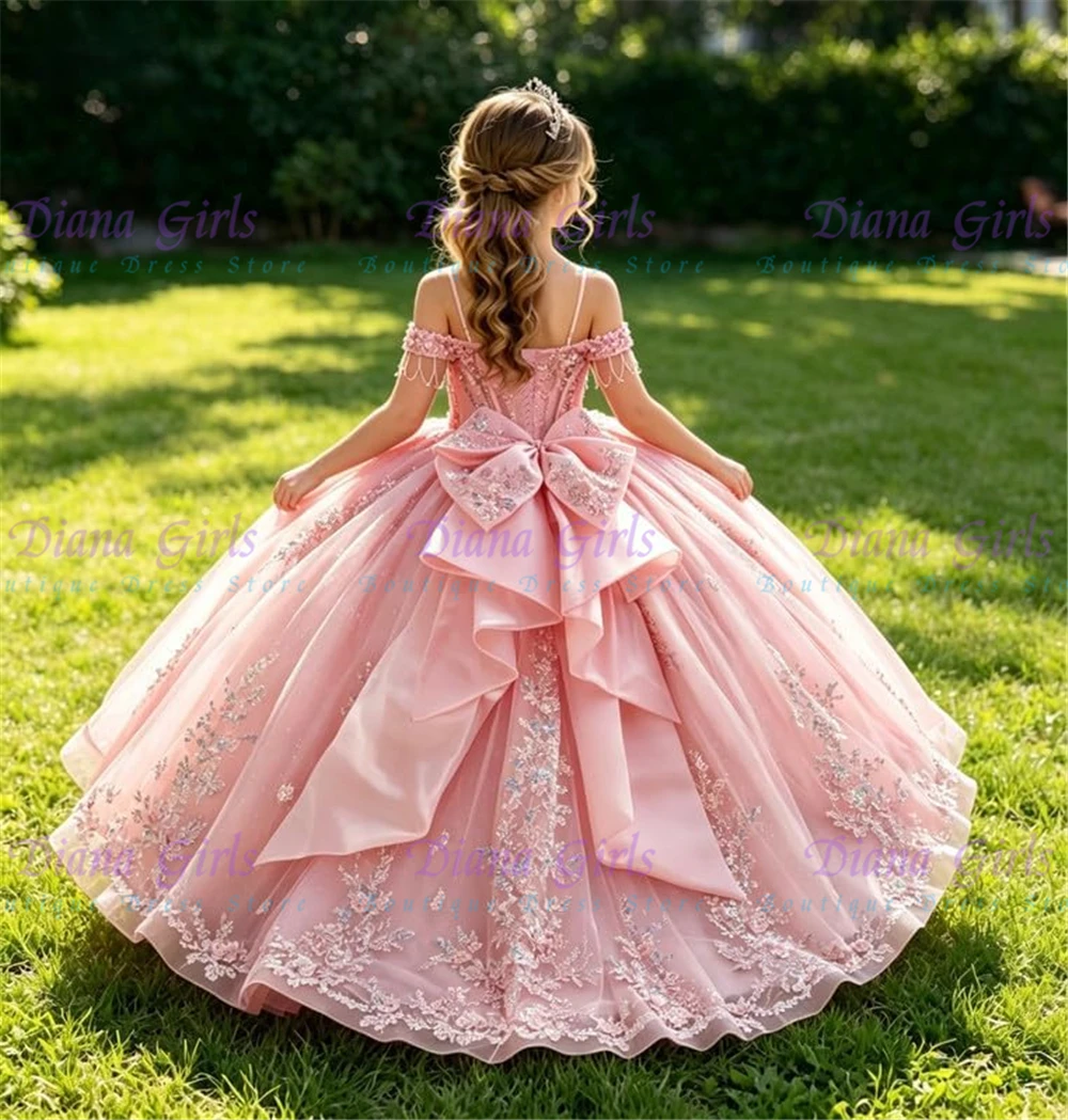 Wunderschönes rosa Tüll-Blumenmädchenkleid mit Perlenstickerei, schulterfrei, mit Blumen und Spitze, Erstkommunionkleid für Hochzeit, Kleinkinder-Kleider