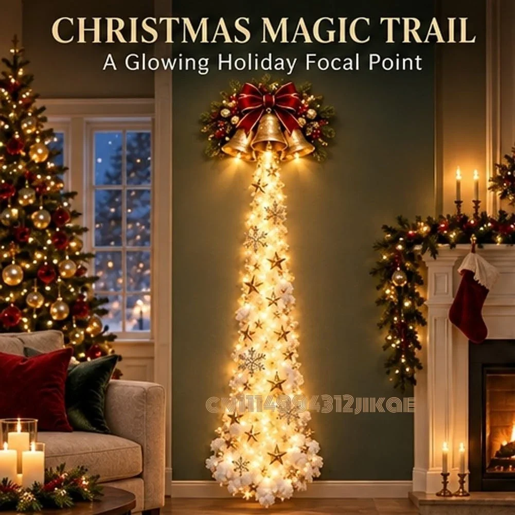 Christmas Magic Trail Wall Light, LED Cascading Holiday Decor,Bell Hanging Display with Stars Snowflakes for Indoor Window Door