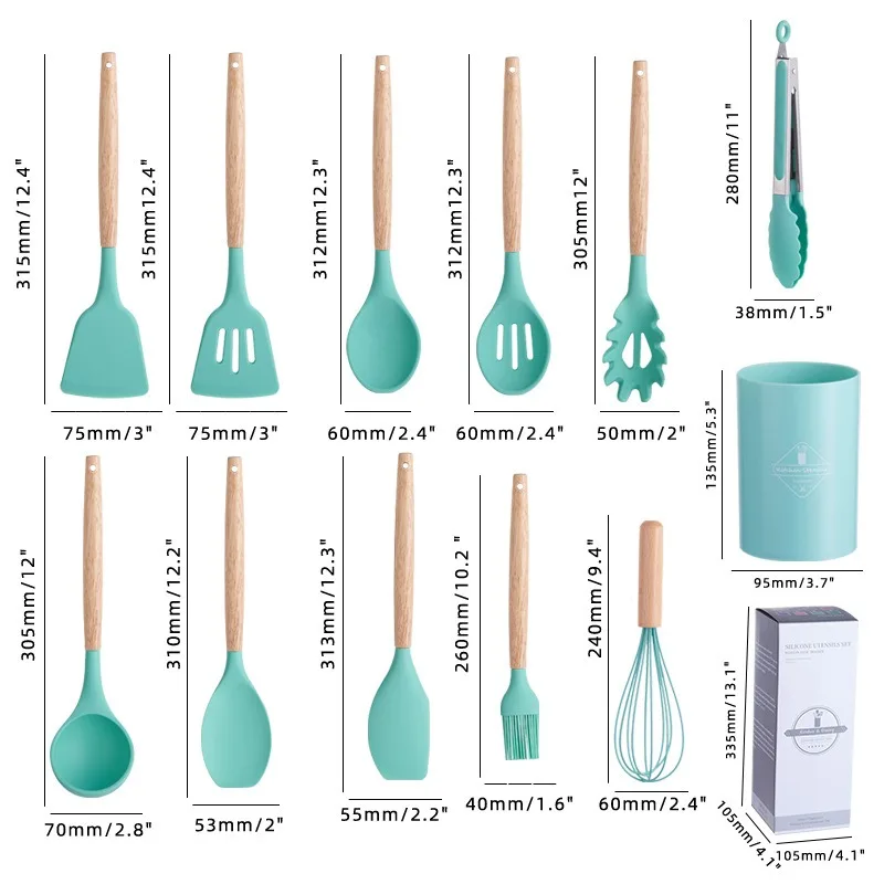 Silicone Kitchen Utensils Set with Wooden Handle, Cooking Gadgets, Plastic Holder, 12Pcs