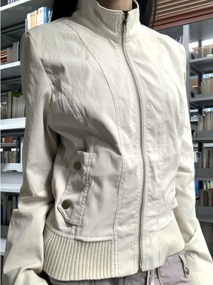 American Vintage All-match Short Coat Women Summer Thin Long Sleeve Jackets 2026 New Stand Collar Zipper Tops Mujer