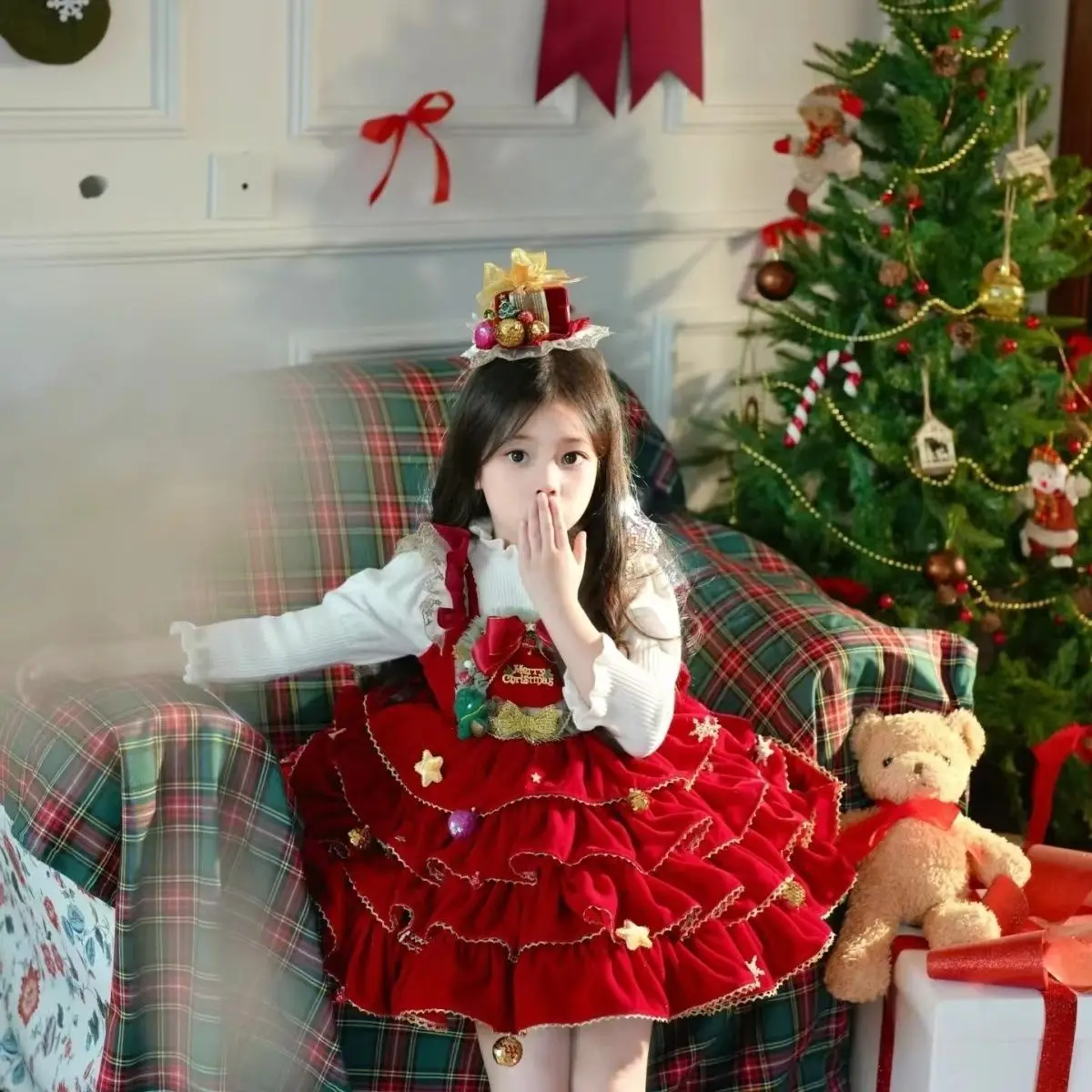 Costume Kids Baby Winter Lolita Kids Red Layed Christmas Sundress+Sweater 2Pcs Suits Bow Girl Children Ball Gown Princess Party