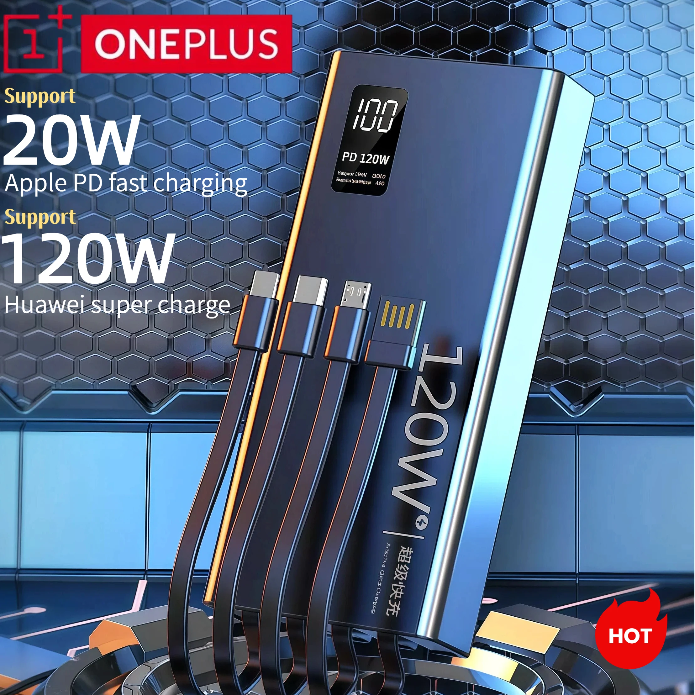 ONEPLUS 120W 50000mAh High Capacity Power Bank 4 in 1 Cables Fast Charging Spare Battery Portable Charger For iPhone Samsung
