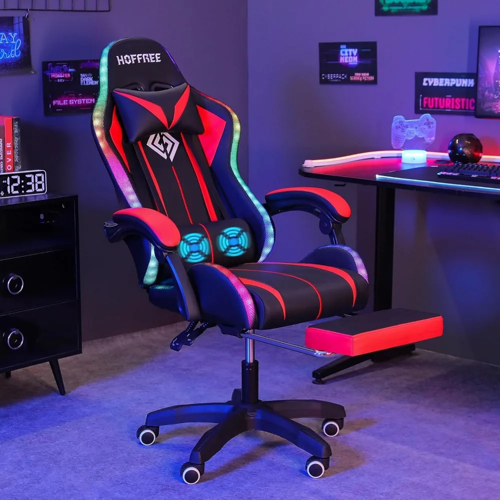 

Gaming Chair Massage with LED RGB Lights and Footrest Ergonomic Computer Chair High Back Video Game Chair with Adjustable Lumbar