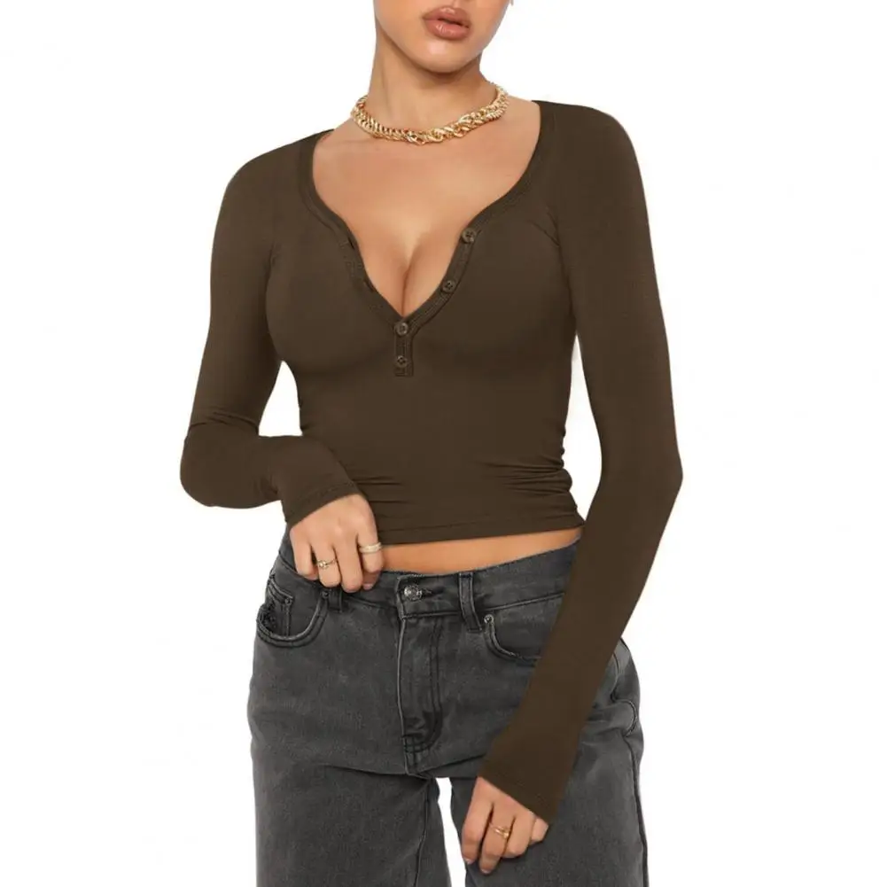 Sexy Tops Deep V Neck Long Sleeve Slim T-shirt Button Neckline Solid Color Basics Shirts Blusas Cropped Tops Autumn Clothing