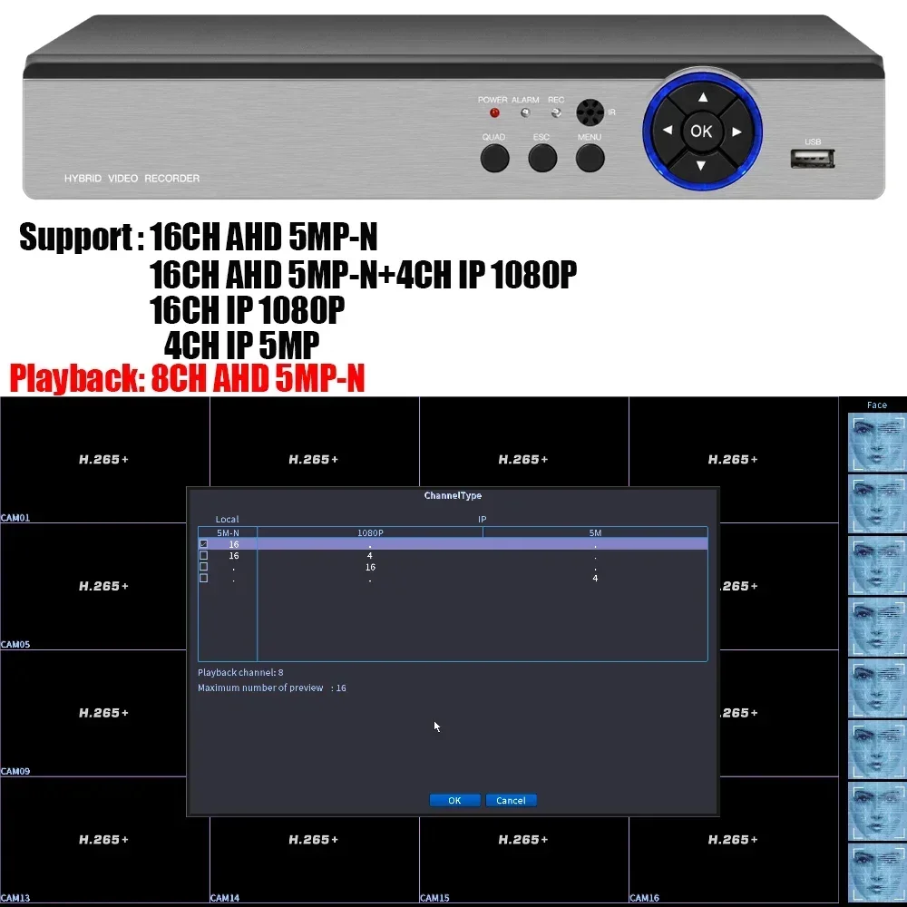 Dvr 6 in 1 16CH 5MP-N Support AHD 5MP IP Camera Face Detection P2P H.265 Video Surveillance Dvr 8 channels Cctv system