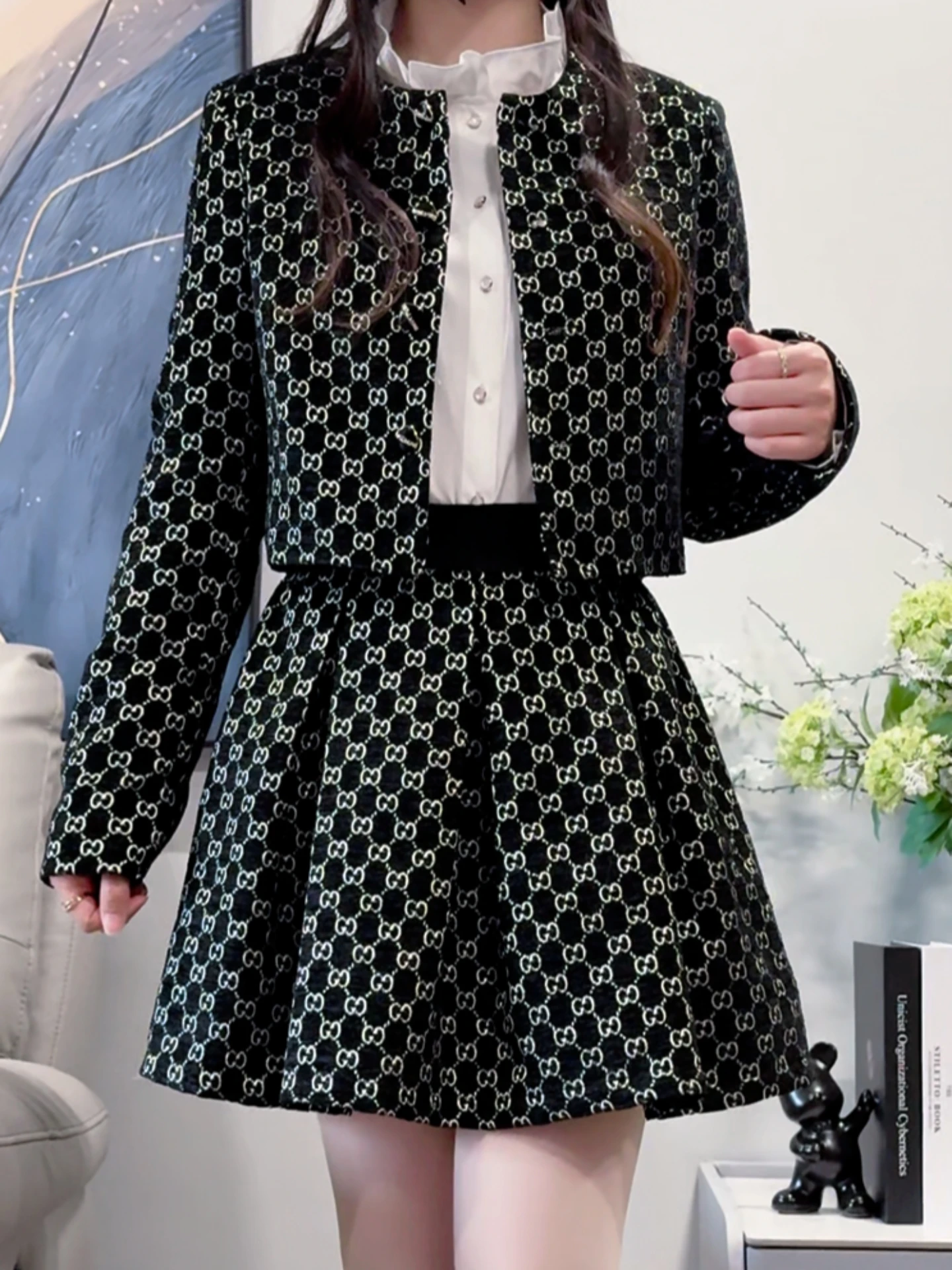 Soft Autumn Winter Women's Fashion Casual Set A-Line High Waist Puffy Skirt Slimming Top Button Splice Polyester Fiber