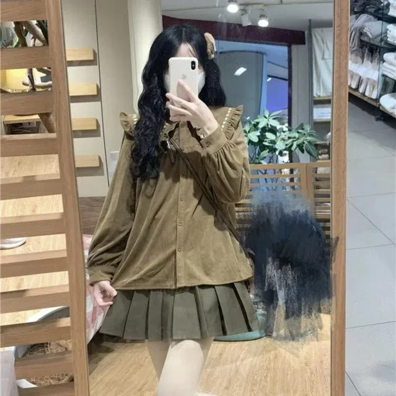 New French Retro Japanese Embroidered Wood Ear Border Doll Collar Shirt Women's Single Breasted Corduroy Top