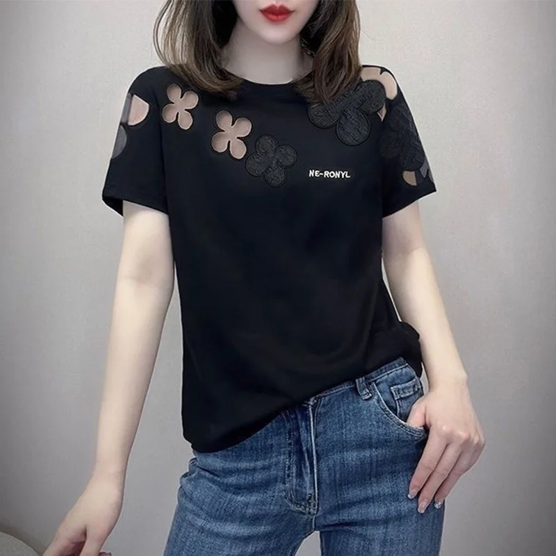 2023 Summer New Fashion Elegant Loose Casual T-Shirts Women Solid Color Round Neck Short Sleeve Embroidered Hollow Cotton Tees