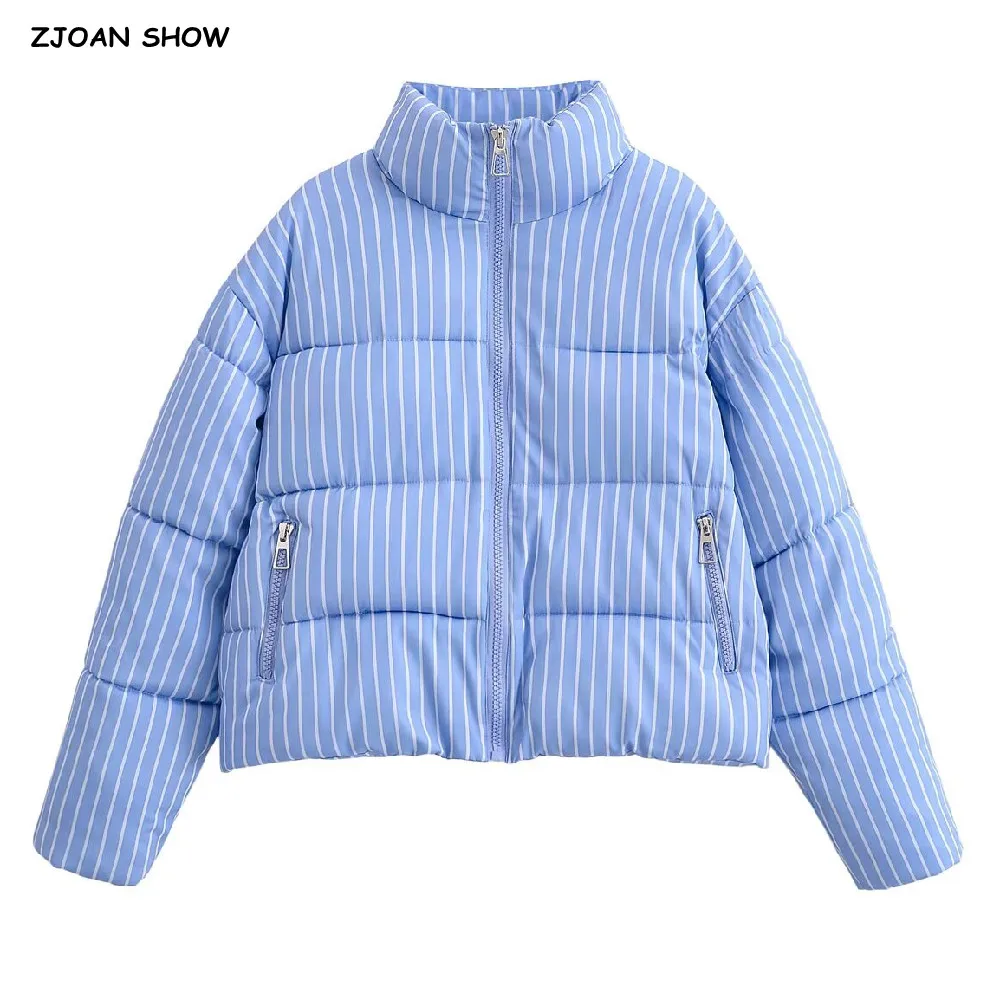 

Новая осенне-зимняя парка в сине-белую полоску для женщин, теплая куртка на молнии с длинным рукавом и высоким воротом, повседневная свободная верхняя одежда