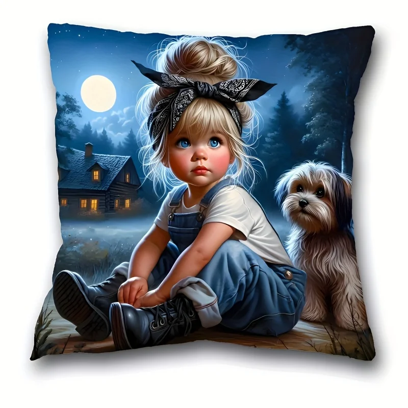 Charming Girl and Dog Pillowcase - Soft Plush Gift No Pillow Insert Night Scene Design for Kids Room Decor Unique Home Accessory
