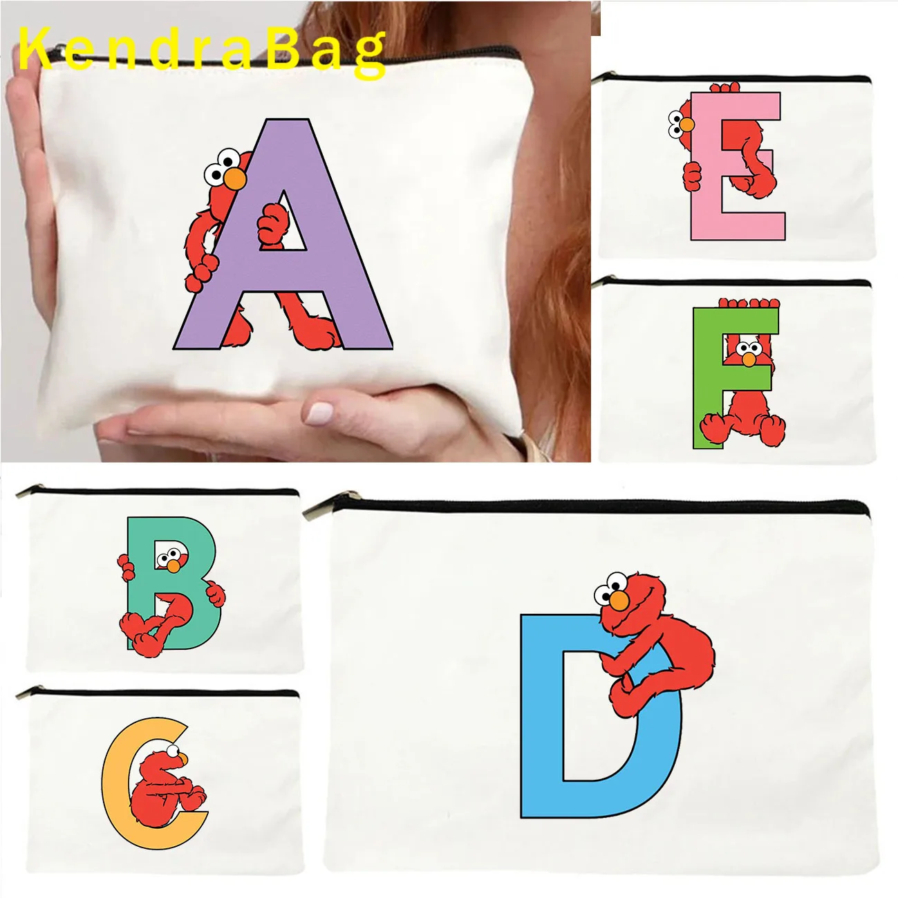 Cute Cartoon Initial Letter A to Z Elmo Alphabet Kawaii Gifts Canvas Cosmetic Key Makeup Bag Pencil Case Wallet Pouch Coin Purse