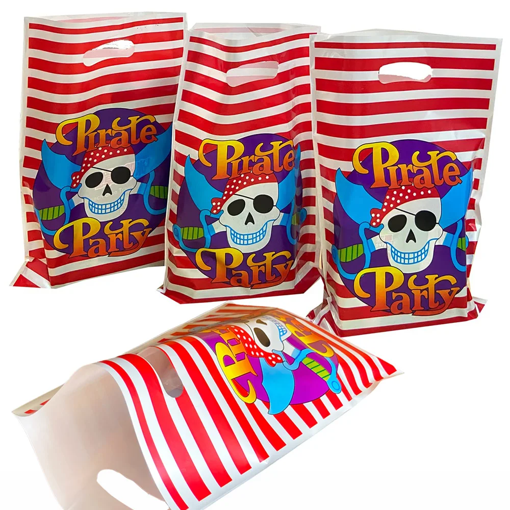 

30 Pcs Pirate Gift Bags Red and White Stripe Plastic Bags for Nautical or Pirate Themed Party Favors Pirate Birthday Goodie Bags