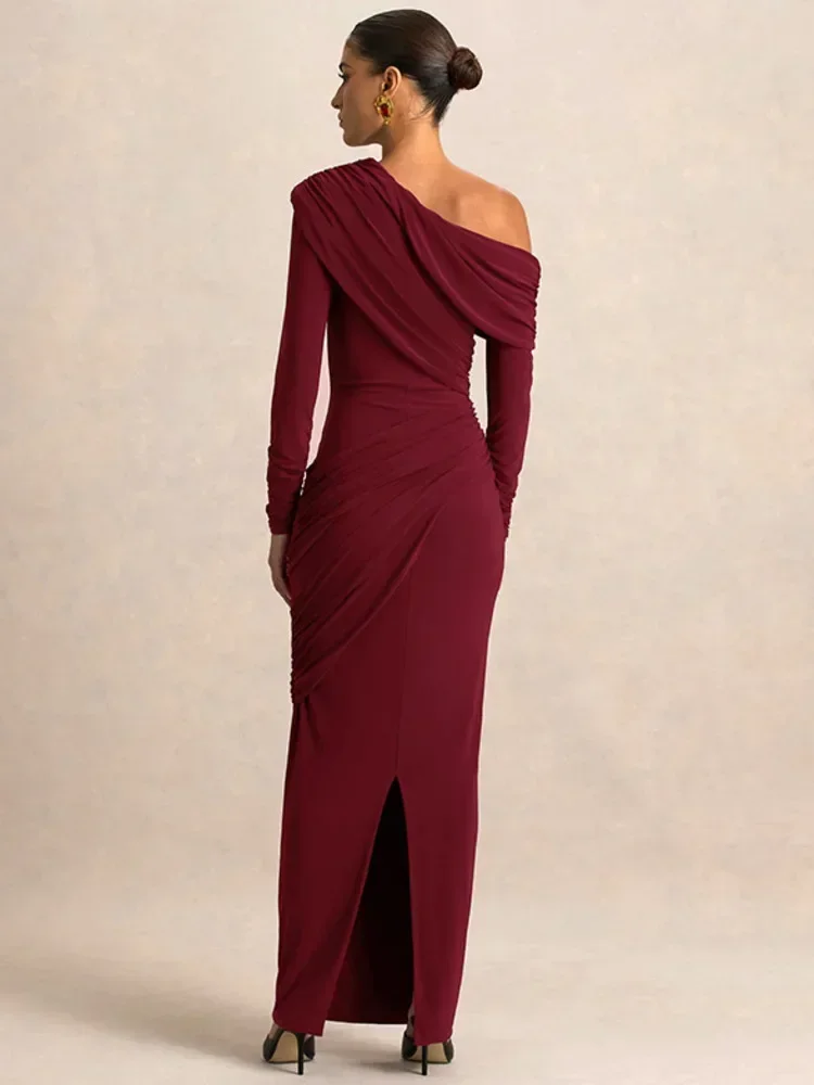 Fmxires Nieuwe Een Schouder Lange Mouw Sexy Maxi Jurk Vrouwen Jurk Elegante Skew Kraag Backless Ruches Bodycon Club Party Jurken