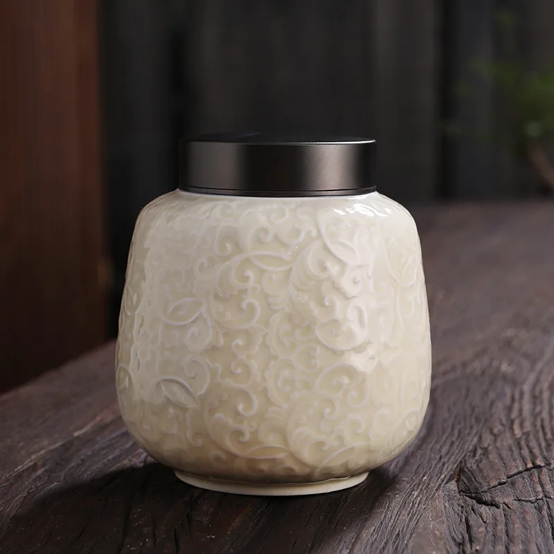 Celadon Tea Pot Embossed Pattern Portable Wooden Lid Sealed Storage Moisture-proof Decoration